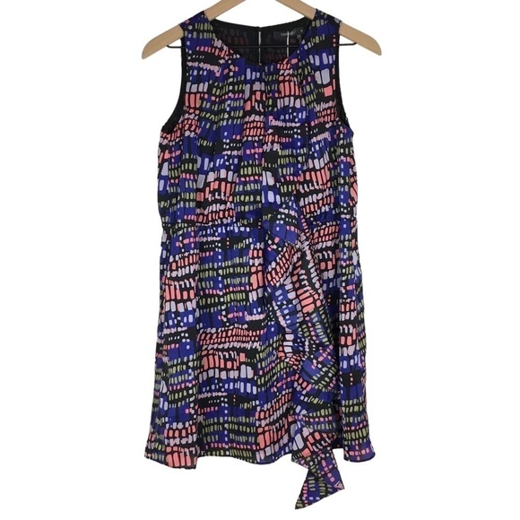THEME Mini Dress Sheer Flowy Multicolor Geo Mod Print Ruffle Sleeveless Small - Picture 1 of 11